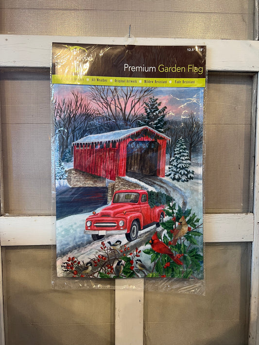 Garden Flag Winter Covered Bridge