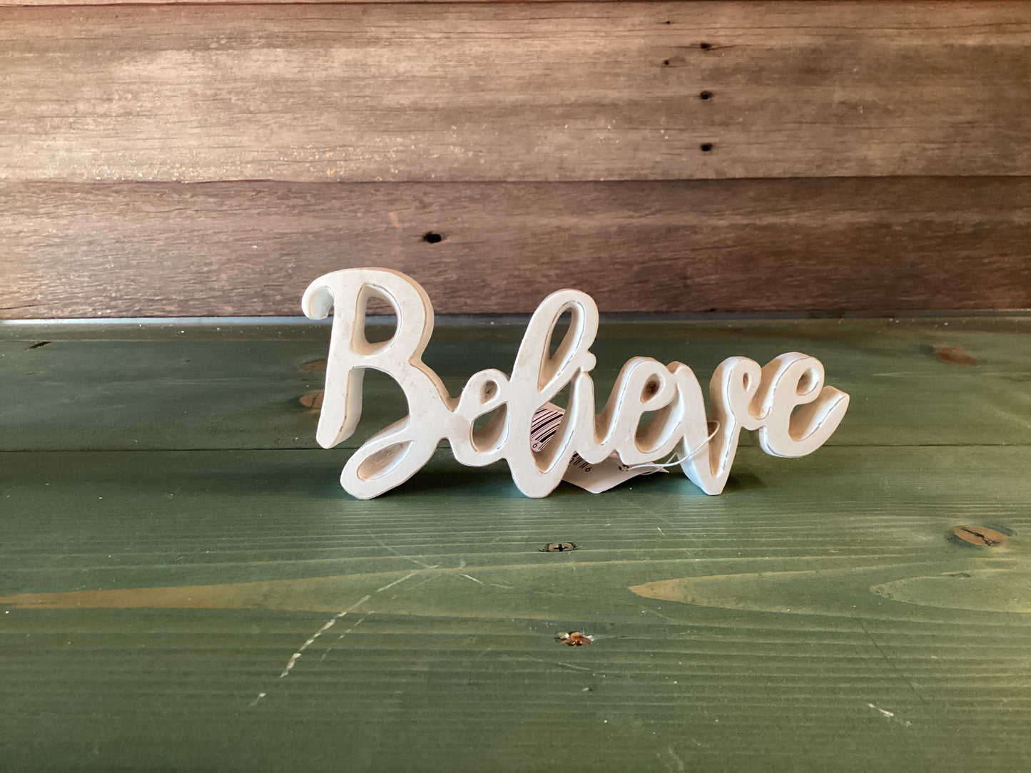 “Believe” Script Resin Red/White
