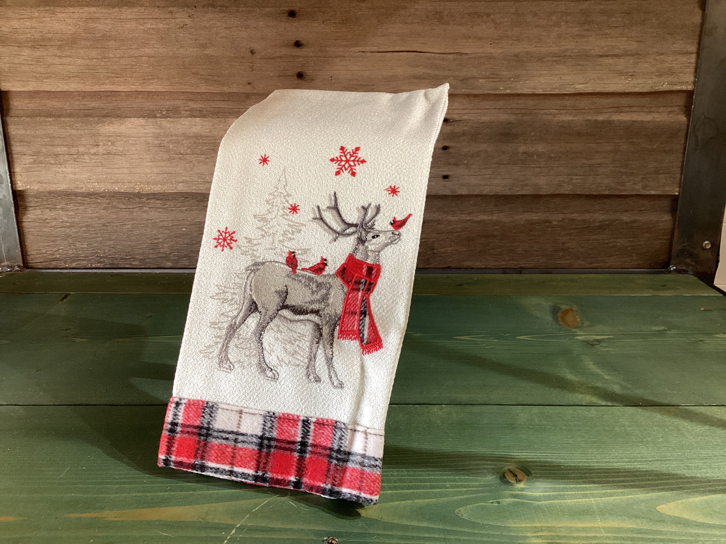 Embroidered Plaid Tea Towel w/ Deer & Cardinals