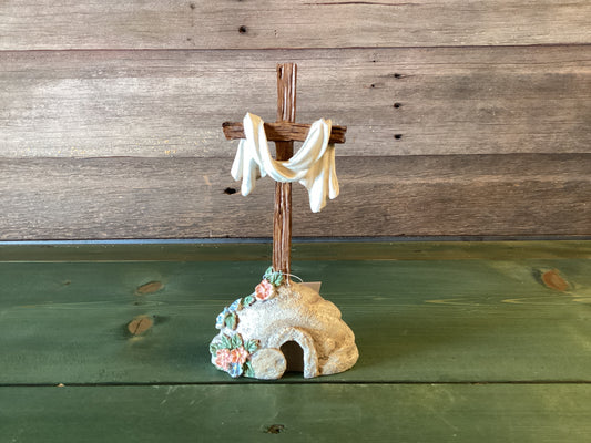 Cross on Rock Shroud Draping Shelf Sitter