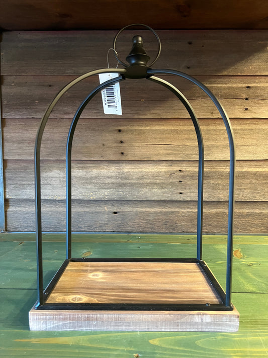 Black Frame Wood Base Open Lantern (lg)