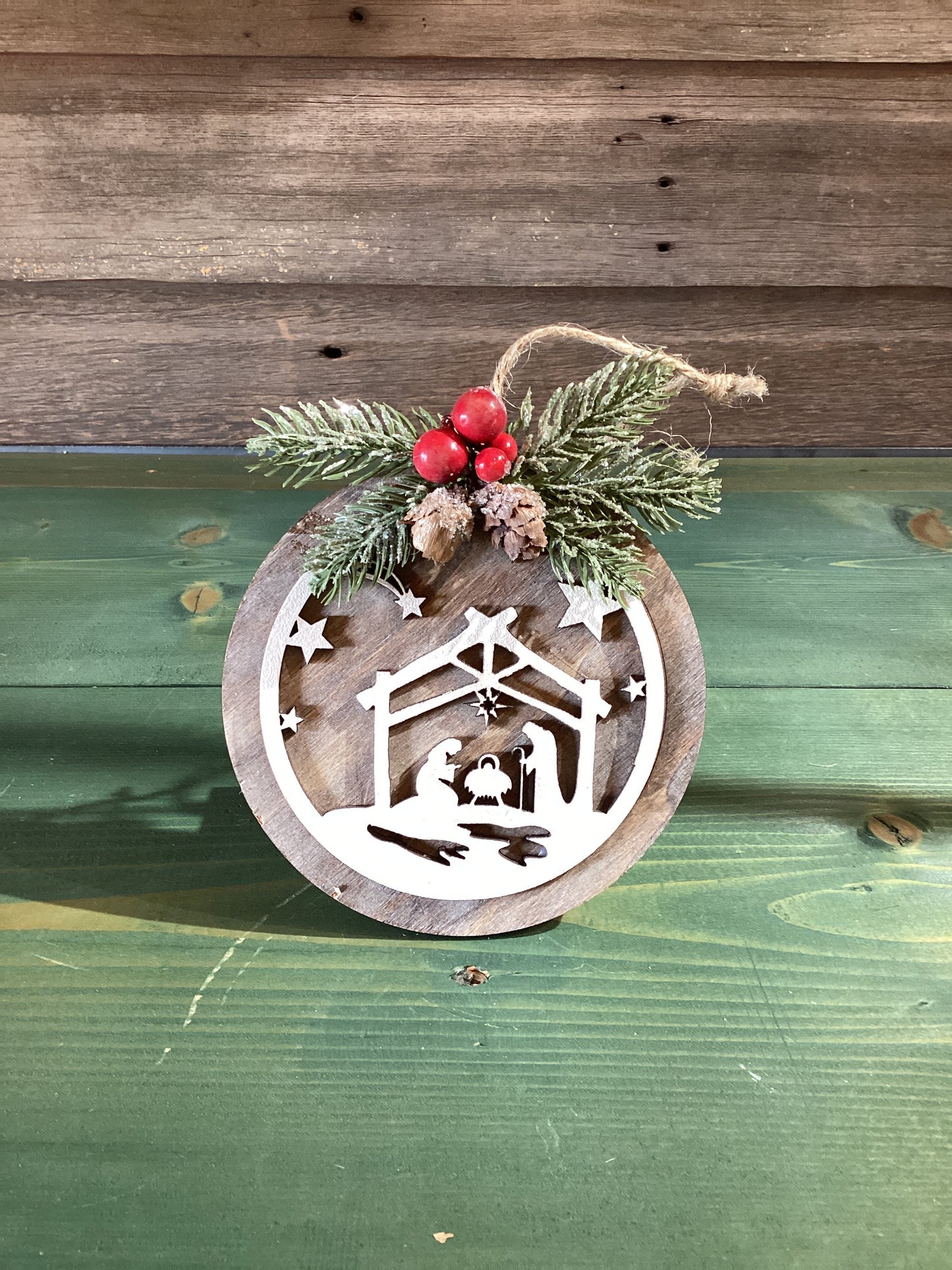 Ornament Wooden Nativity w/Pine