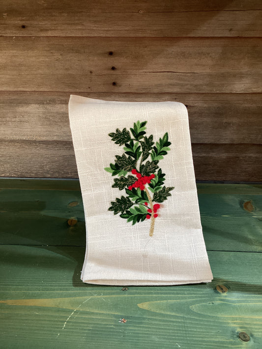 Tea Towel Cream w/ Holly Leaves & Berries