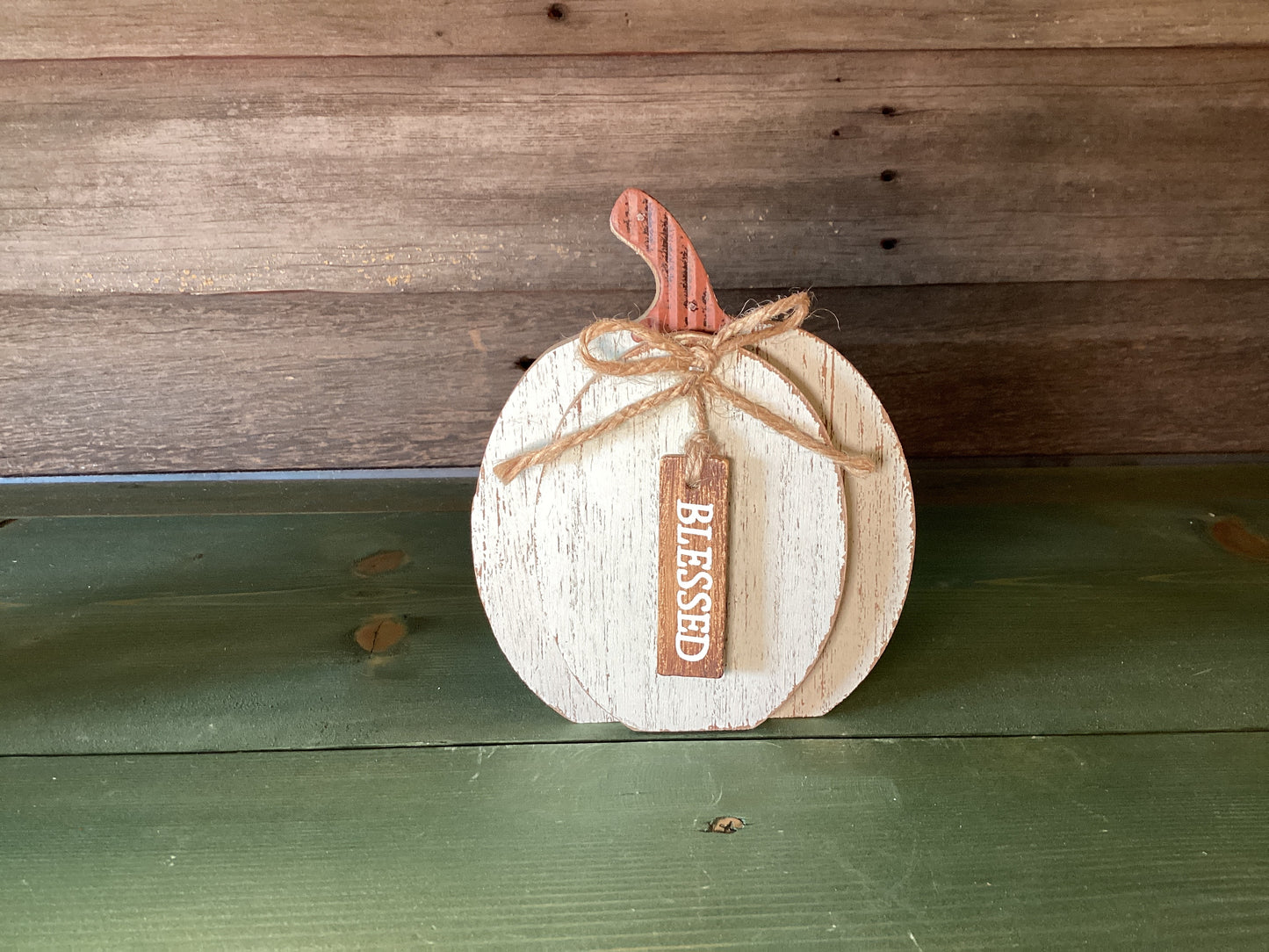 Rustic White Wooden Layered Pumpkin w/ Tag