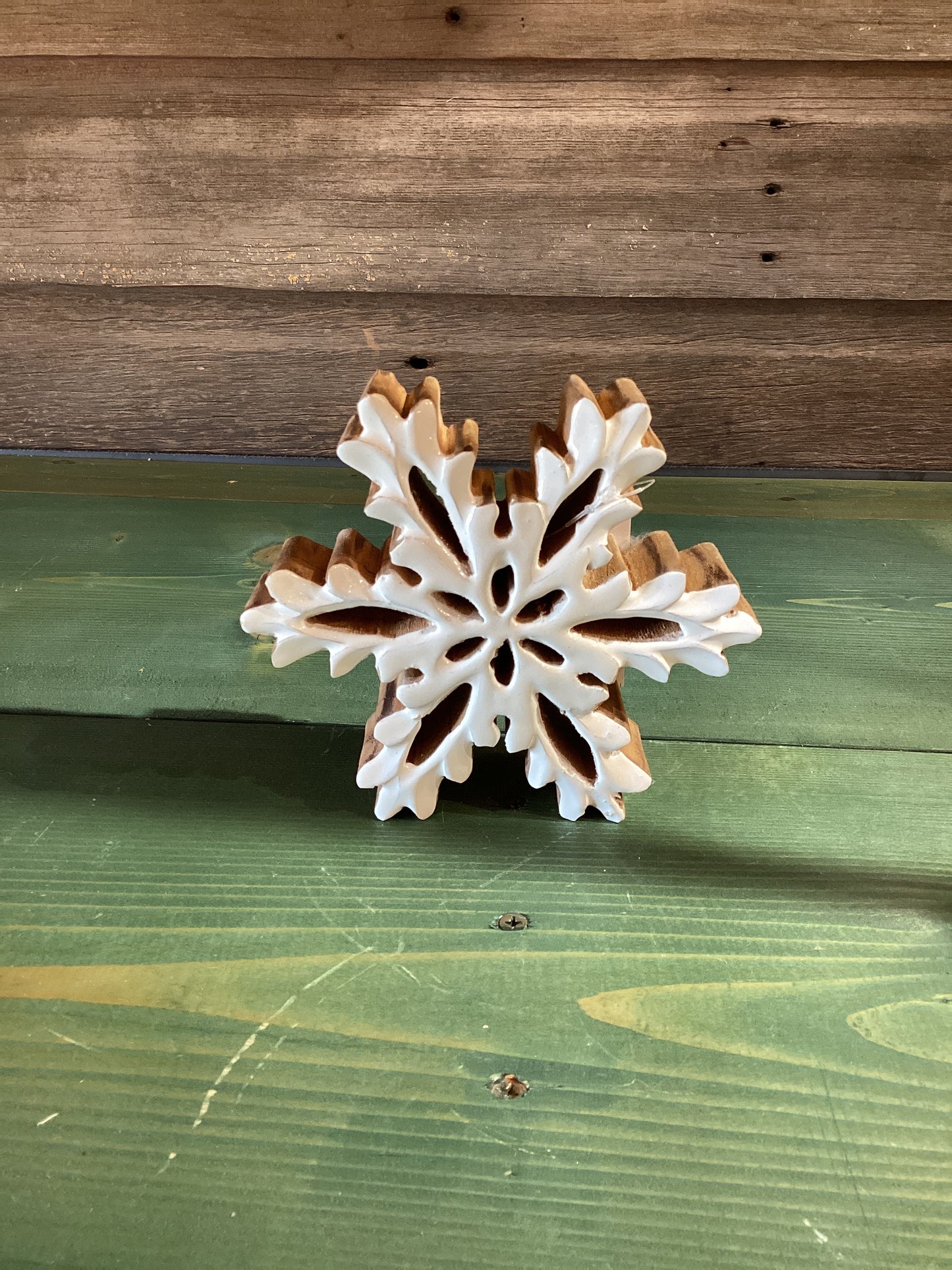 Enamel/Wood Fancy Carved Snowflake (sm)
