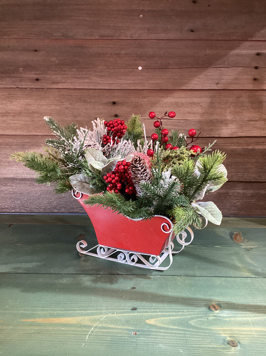 Metal Holiday Sleigh w/ Floral Arrangement