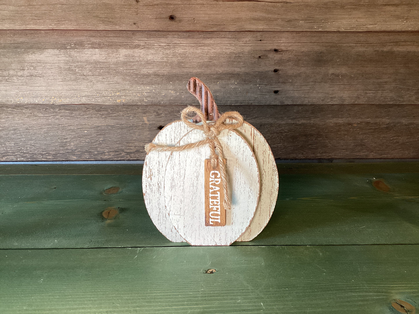Rustic White Wooden Layered Pumpkin w/ Tag