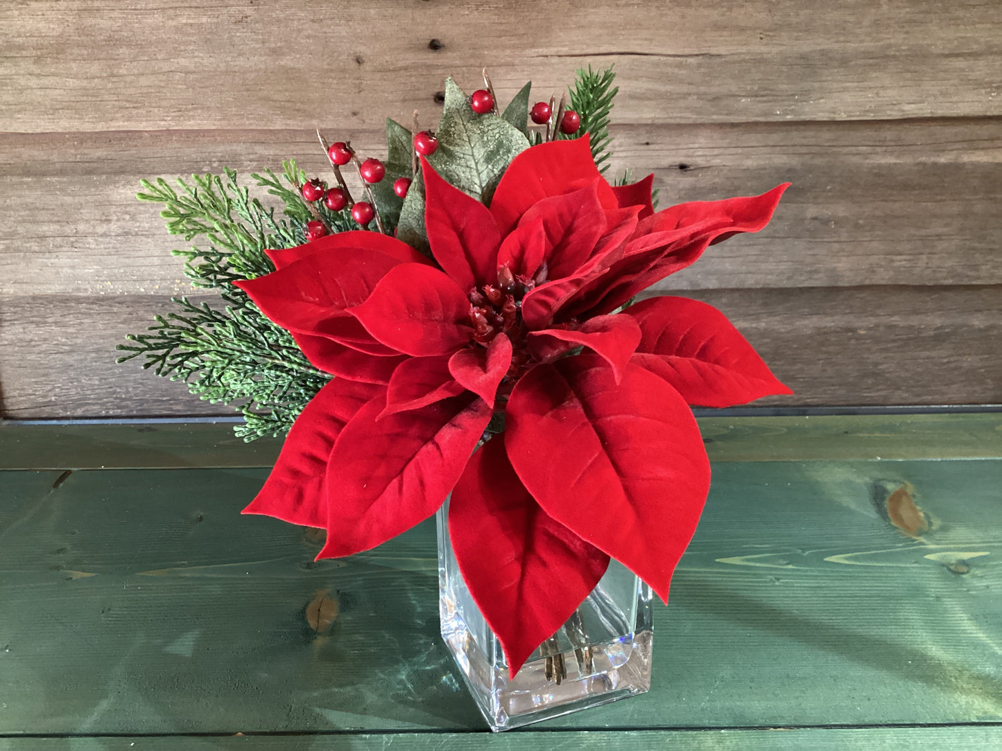 Poinsettia Arrangement in Glass Vase