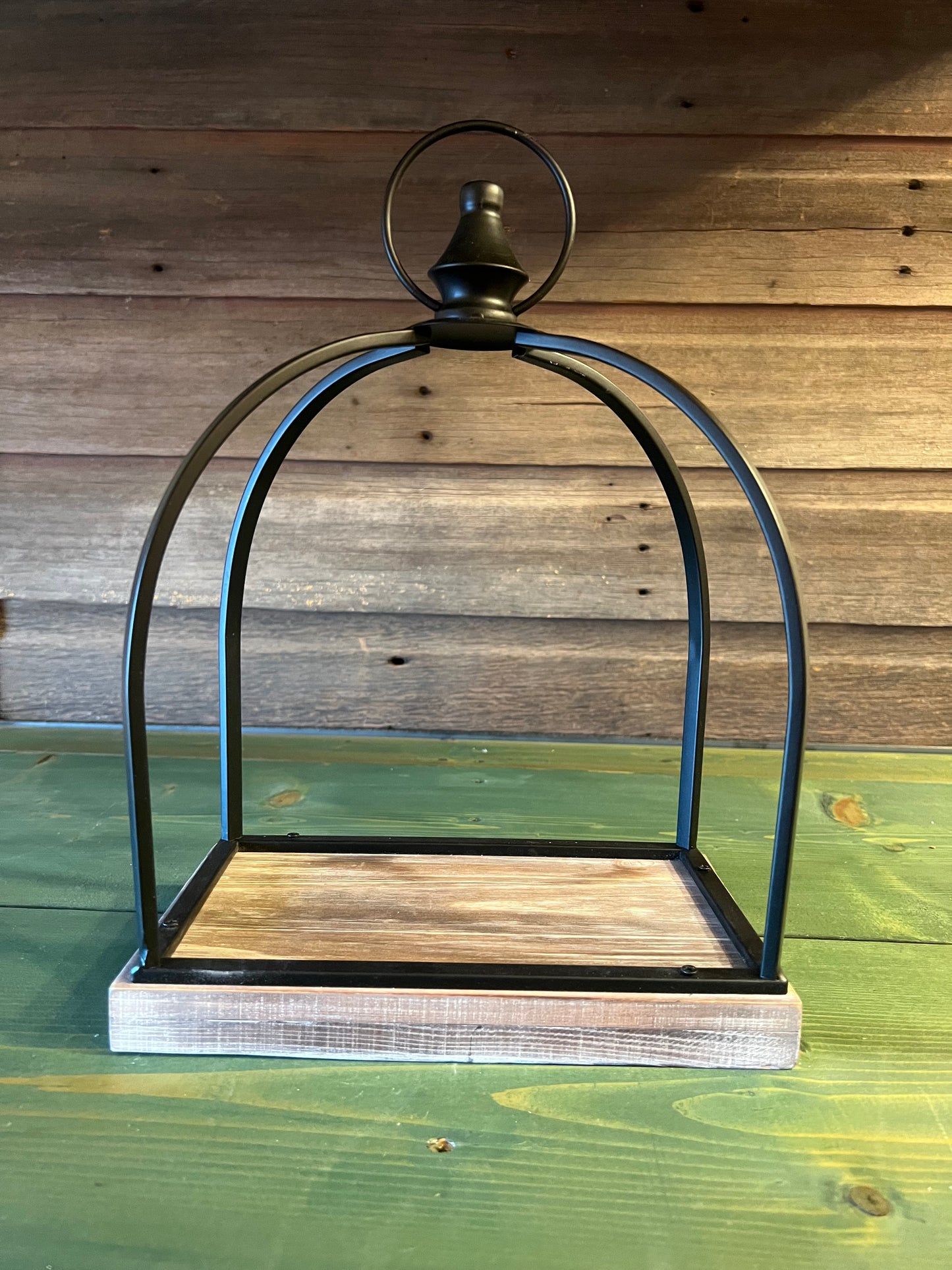 Black Frame Wood Base Open Lantern (sm)